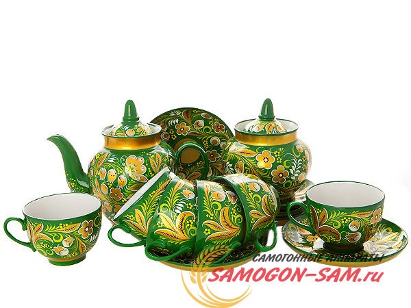 Чайный сервиз "Хохлома на зеленом фоне" на 6 персон Хохлома фото 1 — Samogon-sam.ru