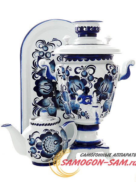 Самовар электрический 3 литра с росписью "Гжель" в наборе с чайником и подносом, арт. 130309 фото 1 — Samogon-sam.ru