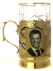 Подстаканник "Путин и Медведев" в комплекте с ложкой и стаканом, позолоченный в подарочной коробке, Златоуст фото 3 — Samogon-sam.ru