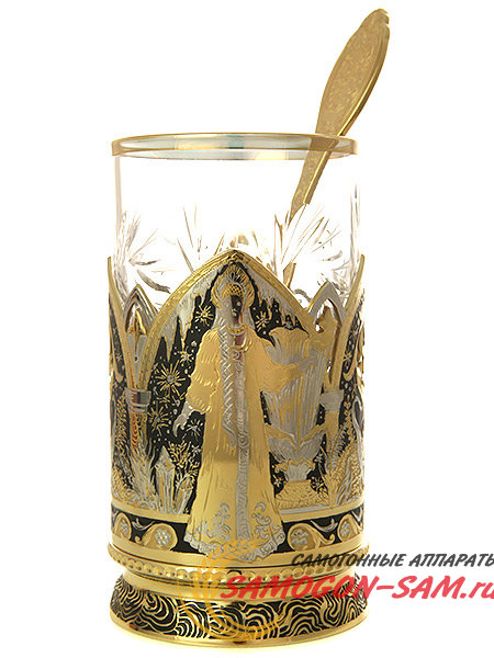 Подстаканник чайный "Хозяйка медной горы" с ложкой, хрустальным стаканом в подарочном футляре Златоуст фото 1 — Samogon-sam.ru