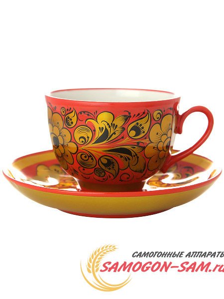 Чашка с блюдцем "Кудрина на красном фоне" фото 1 — Samogon-sam.ru